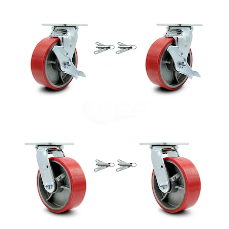 Service Caster 6 Inch Red Poly on Cast Iron Caster Set with Ball Bearings 4 Swivel Lock 2 Brake SCC-30CS620-PUB-RS-TLB-BSL-2-BSL-2
